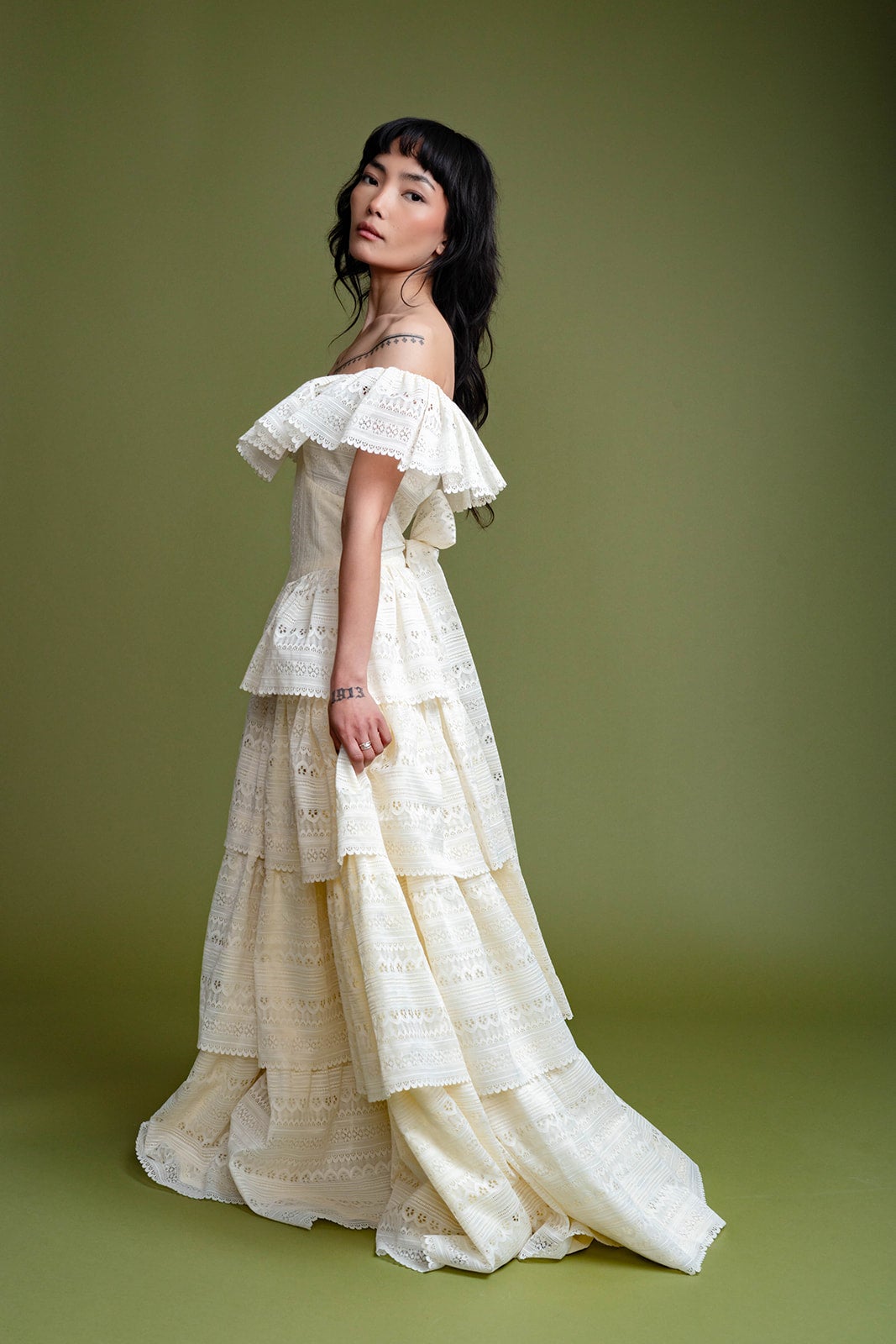60s Ivory Ruffle Lace Tiered Dress with Basque Waist | Dear Saint